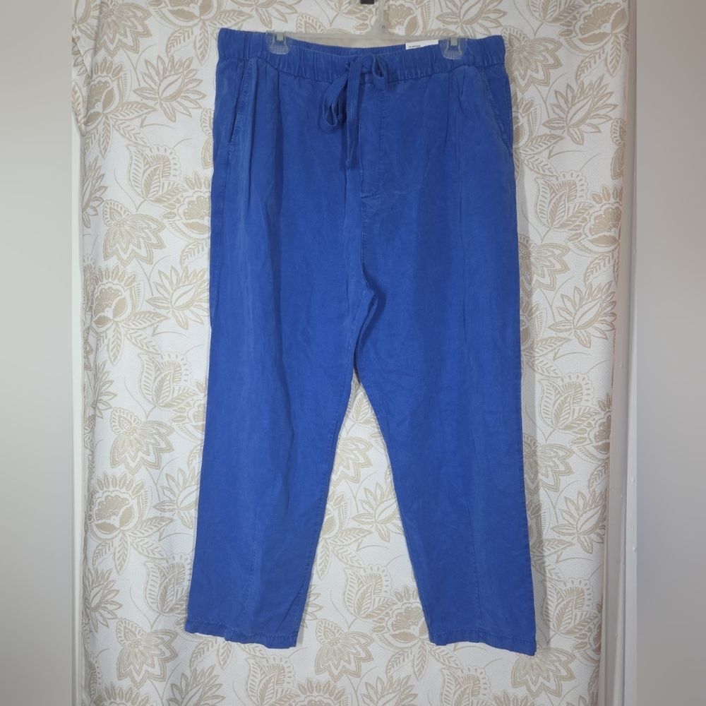 NEW ZARA THE WEEKEND PANT BLUE sz XL LINEN BLEND COASTAL NAUTICAL BEACH PULL ON